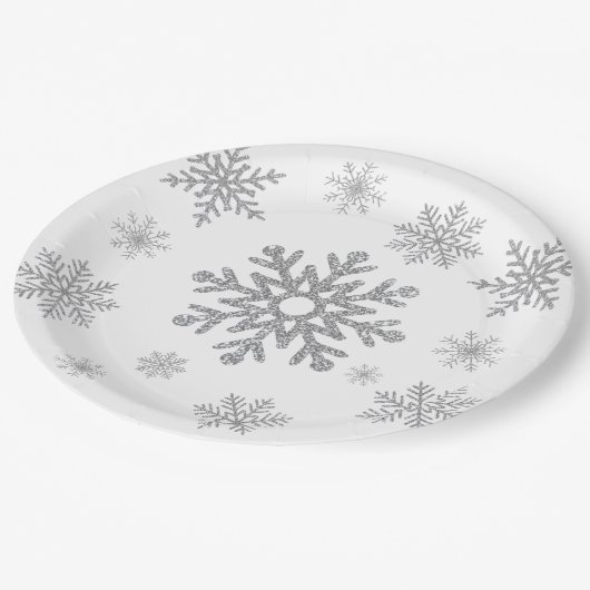 Assiettes en papier flocon de neige argenté hiver (Angle)