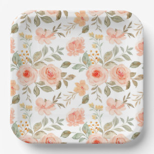Assiettes en papier floral pêche, botanique aquare