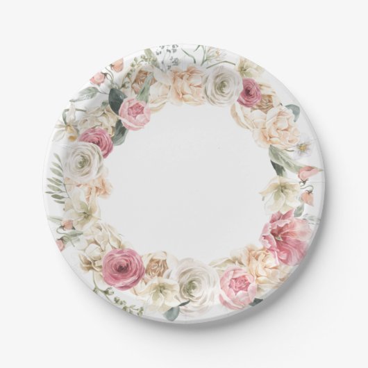 Assiettes en papier floral rose et blanc de printe (Devant)