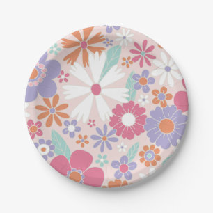 Assiettes en papier floral rose rétro groovy