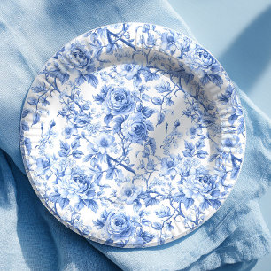 Assiettes en papier floral roses toile de Jouy ble