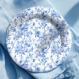 Assiettes en papier florales à roses Toile de Jouy