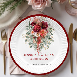 Assiettes en papier florales d'automne bordeaux ru