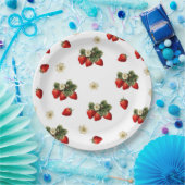 Assiettes en papier fraise avec fleurs sur fond bl (Fête)