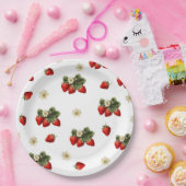 Assiettes en papier fraise avec fleurs sur fond bl (Fête)