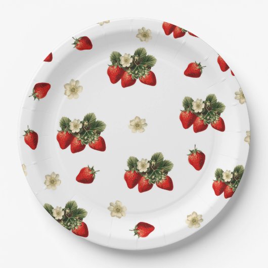 Assiettes en papier fraise avec fleurs sur fond bl (Devant)