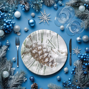 Assiettes en papier Hiver, Cône de pin, Flocons de