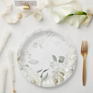 Assiettes en Papier Mariage Fleurs Blanches Élégan