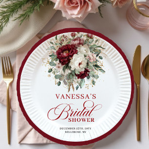 Assiettes en Papier Mariage Floral Luxe Bourgogne