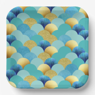 Assiettes en papier Mermaid Pailletées Or Turquois