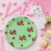 Assiettes en papier mignon gingham vert et fraise (Fête)