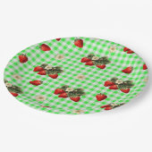 Assiettes en papier mignon gingham vert et fraise (Angle)