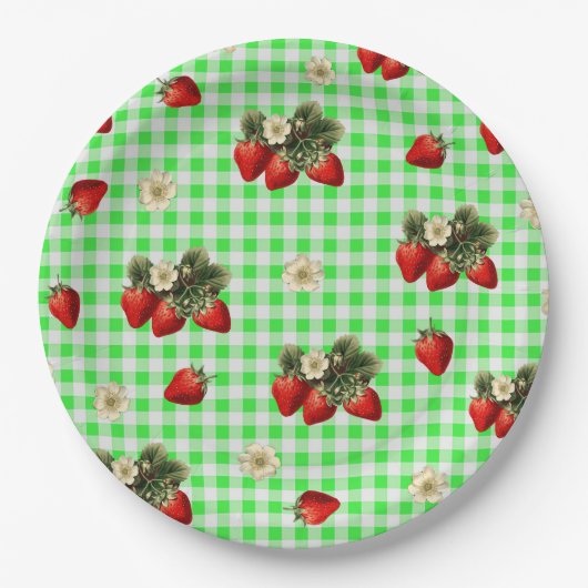 Assiettes en papier mignon gingham vert et fraise (Devant)