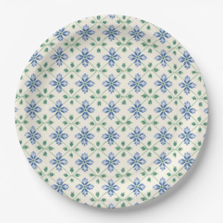 Assiettes en papier motif jardin fleur bleue et fe