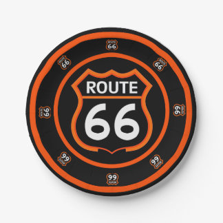 Assiettes en papier noires et orange Route 66