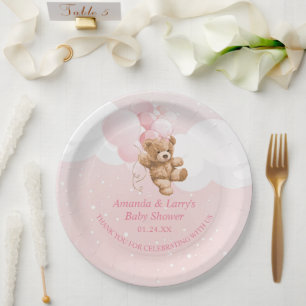 Assiettes en papier Ourson Rose avec Ballons