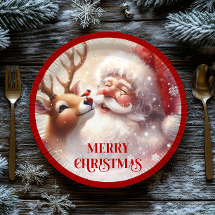 Assiettes en papier Père Noël joueur et Rudolph au