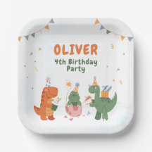 Assiettes en papier pour 4ème anniversaire T-rex d
