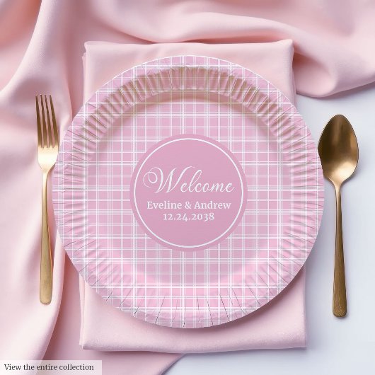 Assiettes en papier pour anniversaire plaid rose d