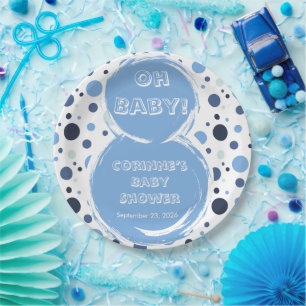Assiettes en papier pour baby shower à pois bleus