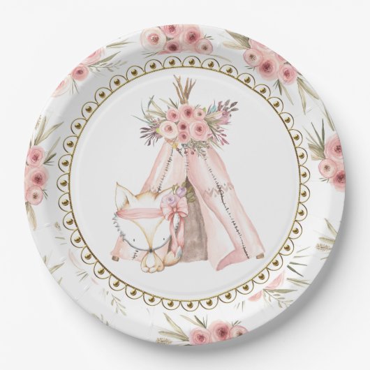 Assiettes en papier pour Baby Shower Fox TeePee Tr (Devant)