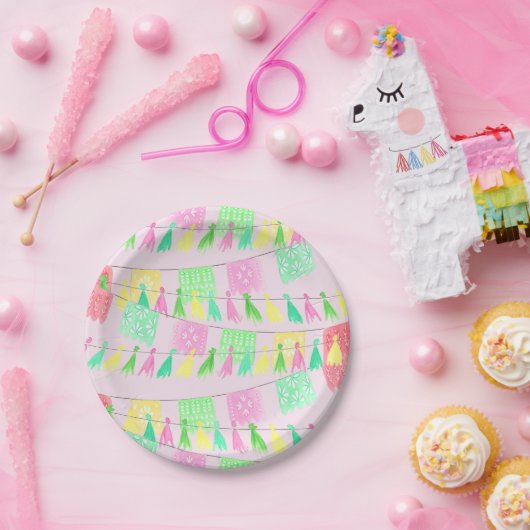 Assiettes en papier pour fête rose et vert Tassel (Fête)