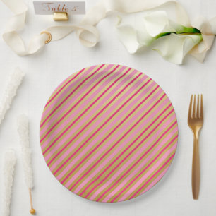 Assiettes en papier rayées rose et or