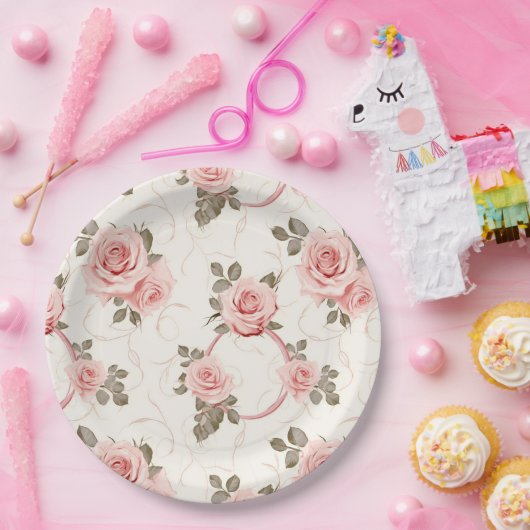 Assiettes en papier Roses Rose Pâle (Fête)