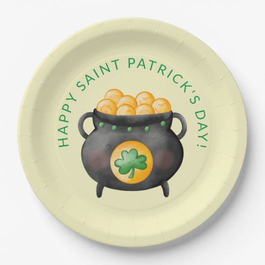 Assiettes en papier Saint-Patrick Pot d'or Joyeux (Devant)