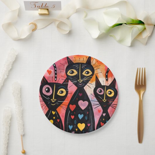 Assiettes en papier Saint-Valentin Chat Cœurs Roug (Mariage)