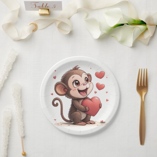 Assiettes en papier Saint-Valentin Singe Cœurs Rou (Mariage)