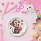 Assiettes en papier Saint-Valentin Singe Cœurs Rou (Fête)