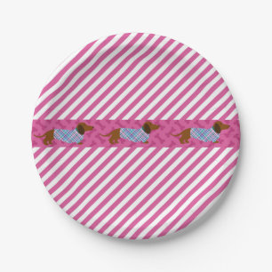 Assiettes en papier teckel rayure rose