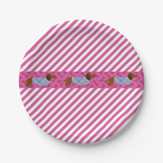 Assiettes en papier teckel rayure rose (Devant)