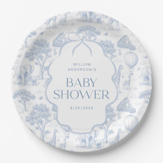 Assiettes en Papier Toile De Jouy Safari Bleu Baby (Devant)