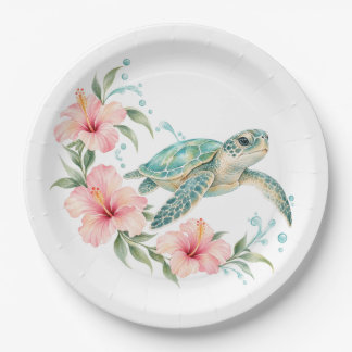 Assiettes en papier tropicales Tortue de mer et Hi