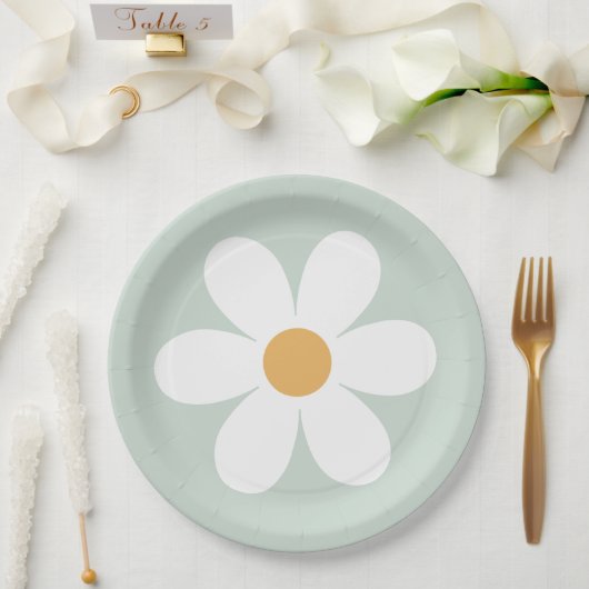 Assiettes en papier vert rétro daisy boho (Mariage)