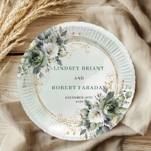 Assiettes en papier vert sauge botanique mariage b