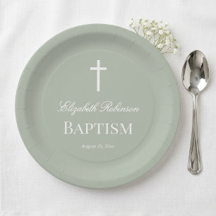 Assiettes en papier vert sauge minimaliste pour ba