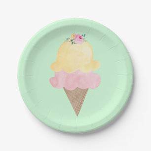 Assiettes en papier vertes cône de glace aquarelle