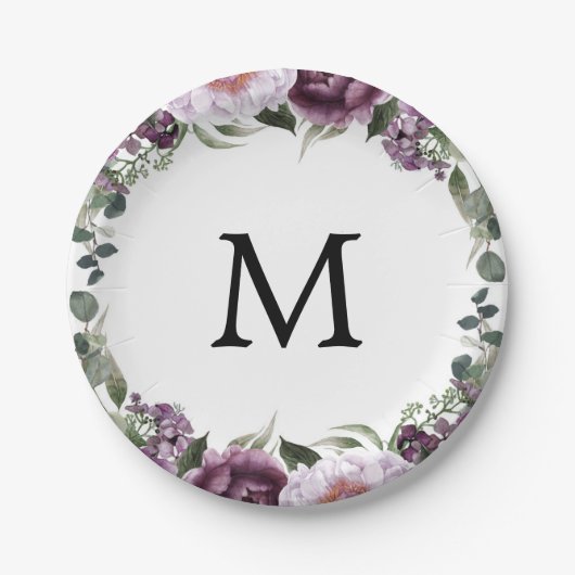 Assiettes Papier Mariage Monogramme Pivoines Viole (Devant)