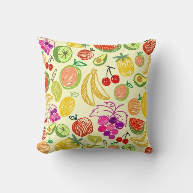 Assorted Fruit Doodle Pattern Reversible Yellow Kussen (Voorkant)