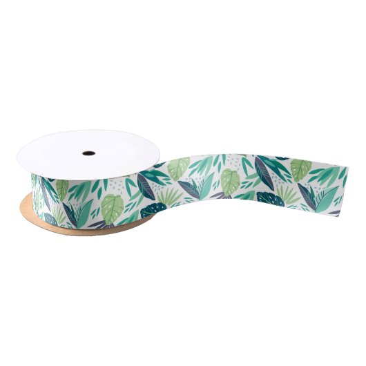 Assortiment tropisch groen blad patroon op wit lint (Spoel)