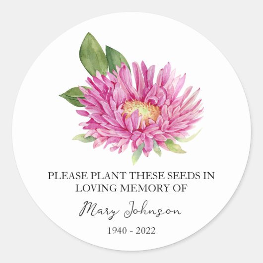 Aster Memorial Funeral Seed Packet Ronde Sticker (Voorkant)