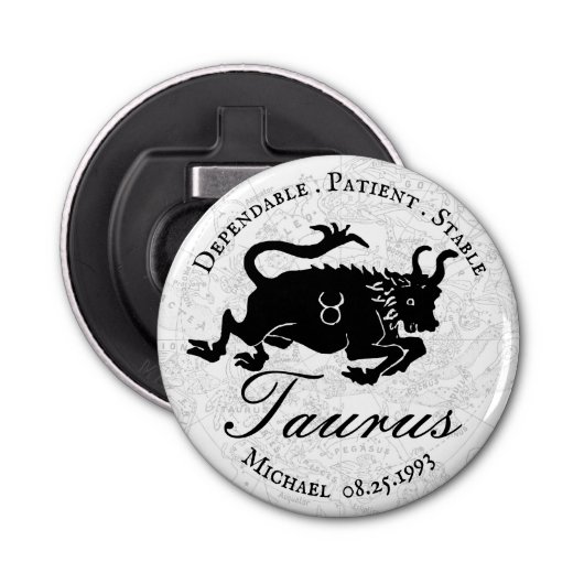 Astrologie Traits Zodiac Taurus Black White Button Flesopener (Voorkant)