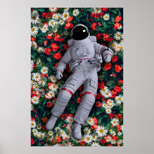 Astronaunt in Rode en Witte Bloemen Poster (Voorkant)