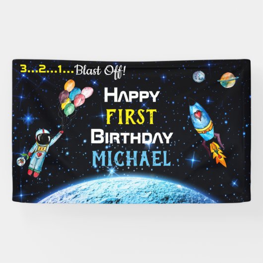 Astronaut Balloons Rocket Space Name Birthday Spandoek (Horizontaal)