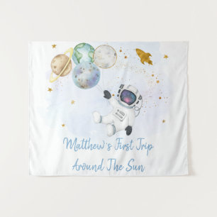 Astronaut Blauw Goud Ruimte Verjaardag Achtergrond Wandkleed