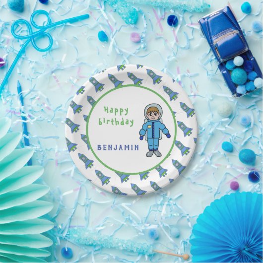 Astronaut Boy Rockets Space Name Birthday Papieren Bordje (Feest)