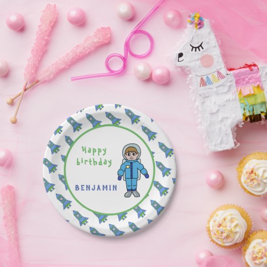 Astronaut Boy Rockets Space Name Birthday Papieren Bordje (Feest)